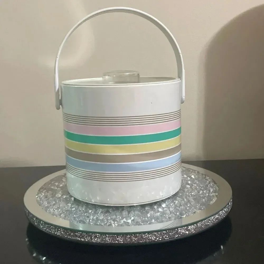 Phoenix vintage 1980s pastel striped insulated ice bucket with metal tongs